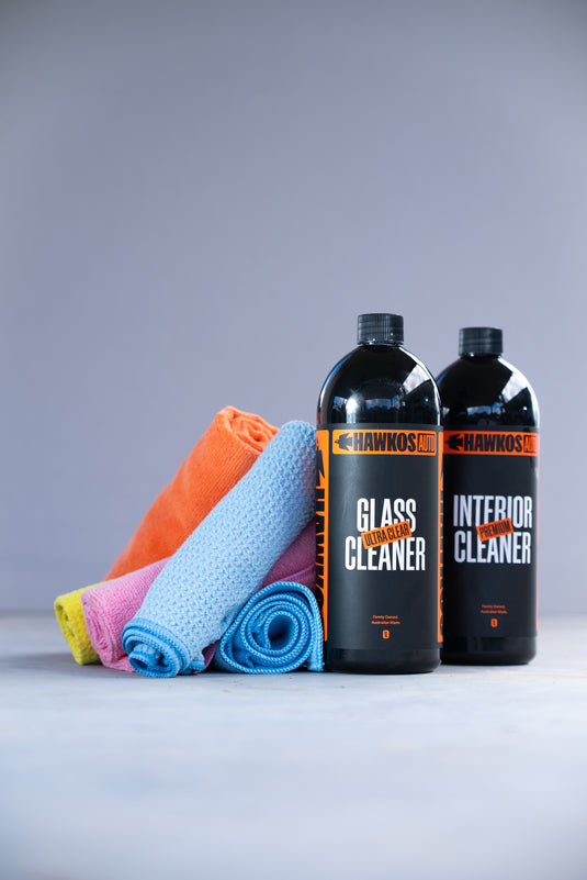 Hawkos Interior Essentials Kit with interior cleaner, glass cleaner and cloths